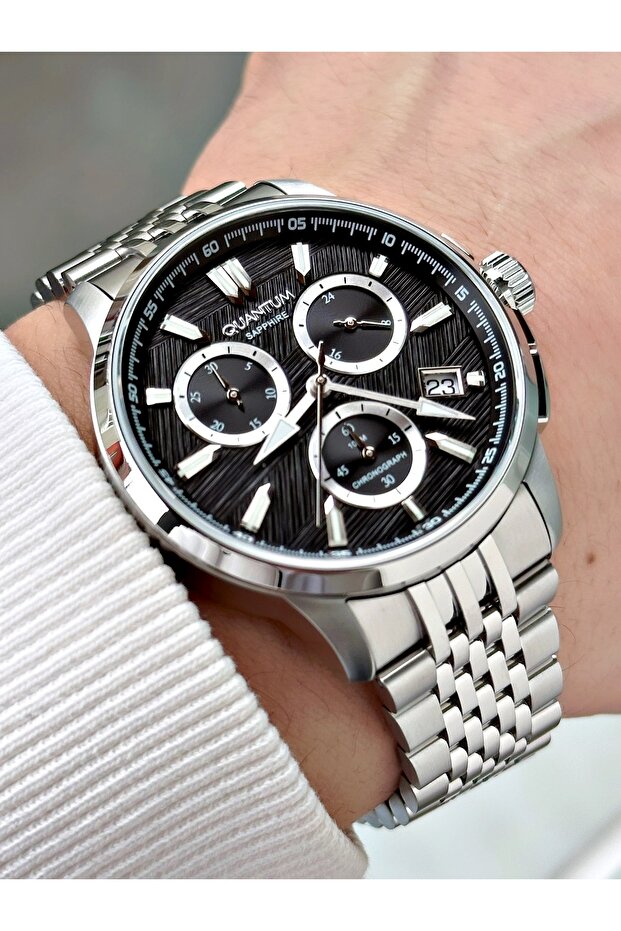 Functional Silver-Black Color Steel Band Steel Case Sapphire Glass Men's Wristwatch 1214Mr