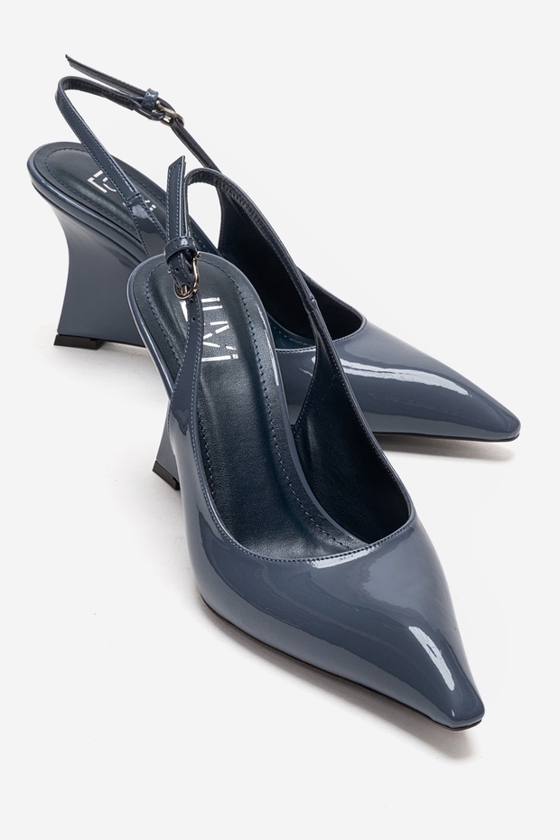 Felon Smoked Blue Patent Leather Women's Wedge Heeled Shoes