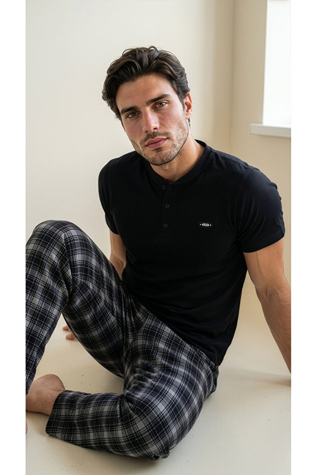 Black Patched Cotton Lycra Men's Short Sleeve Pajama Set