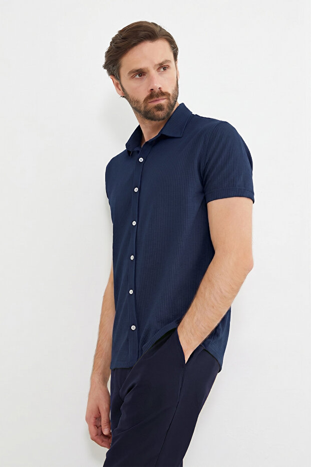 Ribbed Sleeve Layered Slim Fit Shirt