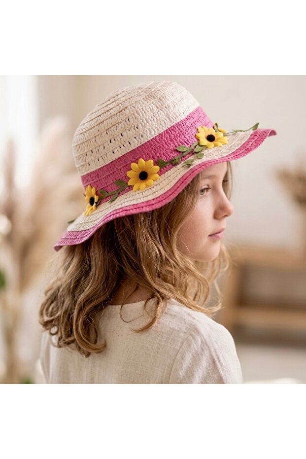Sunflower Figured Mercerized Straw Fedora Children's Hat - (3 - 7 Years)