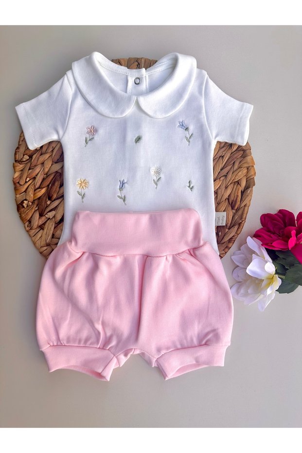 Minimal Floral Summer Snap-On Baby Bodysuit and Combed Cotton Pink Balloon Shorts / Flora