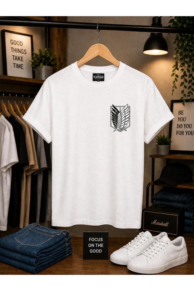 Attack on Titan Chest Printed 100% Cotton Oversize Loose Regular Fit Crew Neck T-Shirt