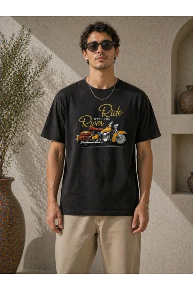Men's Motorcycle Printed T-Shirt Crew Neck Short Sleeve Summer T-Shirt - Black