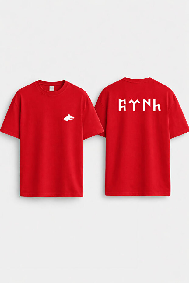 Turkish Bozkurt Kurt Printed Crew Neck Red Double-Sided Unisex T-Shirt T-Shirt
