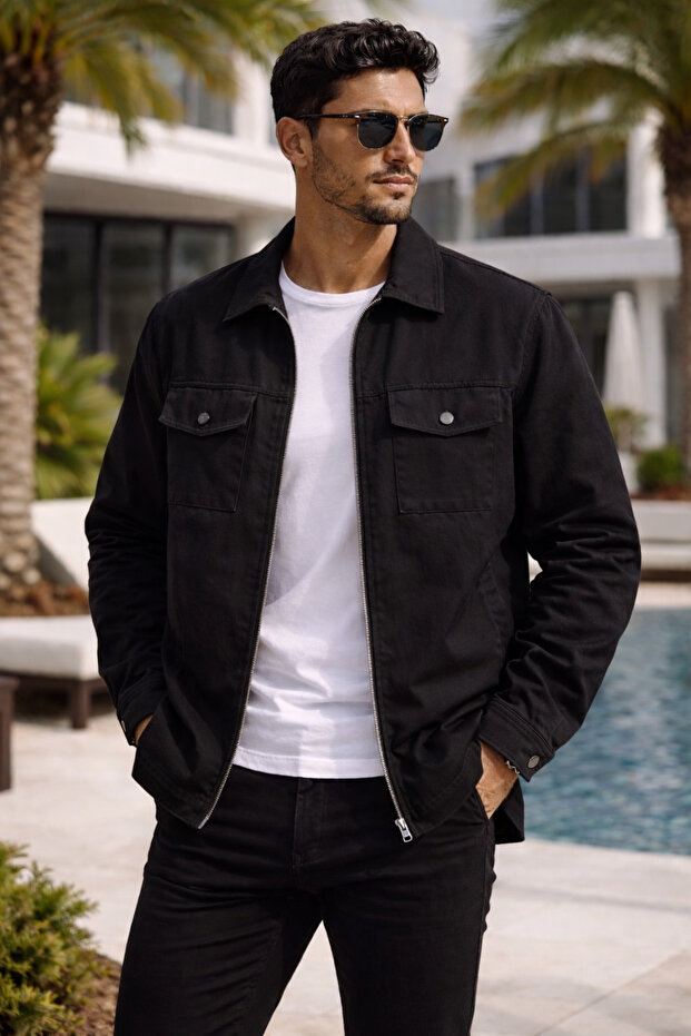 Men's Black Gabardine Unlined Coat 80% Cotton Lycra Comfortable Fit Zippered Summer Seasonal Jacket