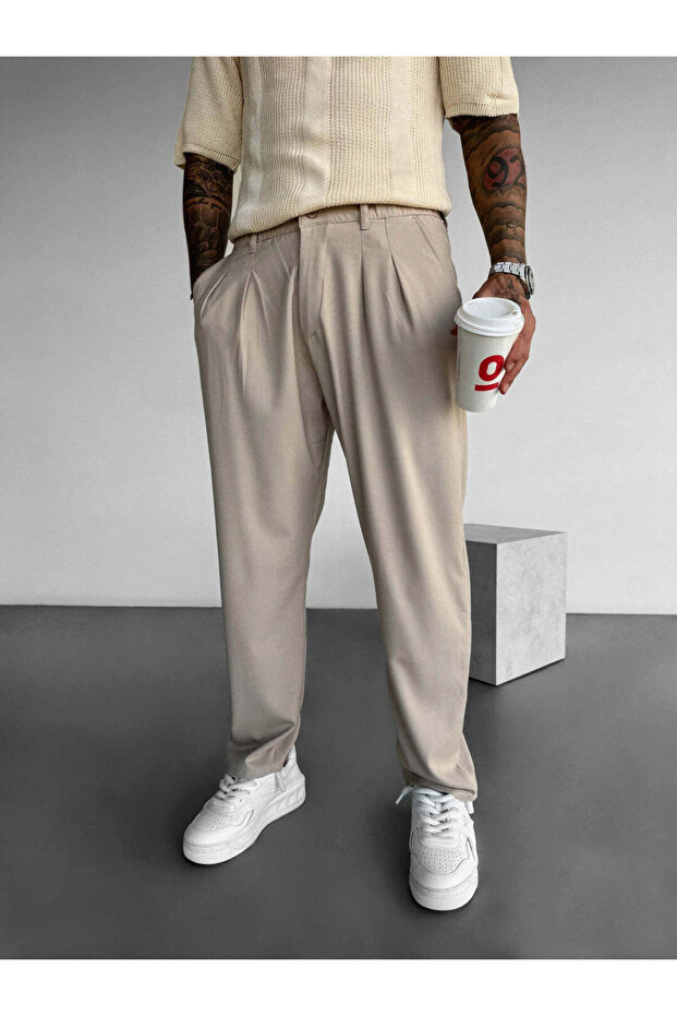 Men's Relaxed Fit Pleated Fabric Trousers Relaxed Fit High Waist Draped Pants