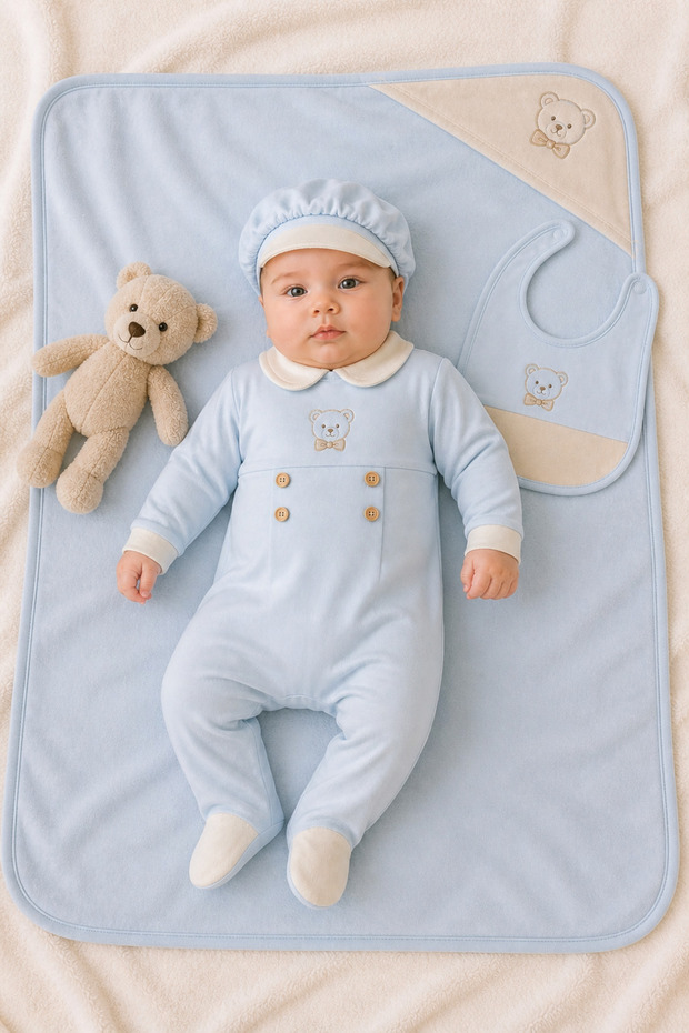 5-Piece Newborn Hospital Discharge Set with Teddy Bear and Blanket – Blue/0-3 Months