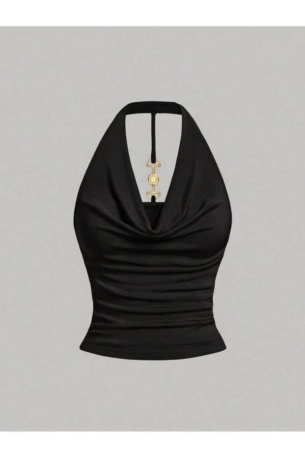 Black Degaje Collar Halter Crop Blouse Metal Accessory Detailed Slim Fit Women's Blouse, Black Backless Blouse