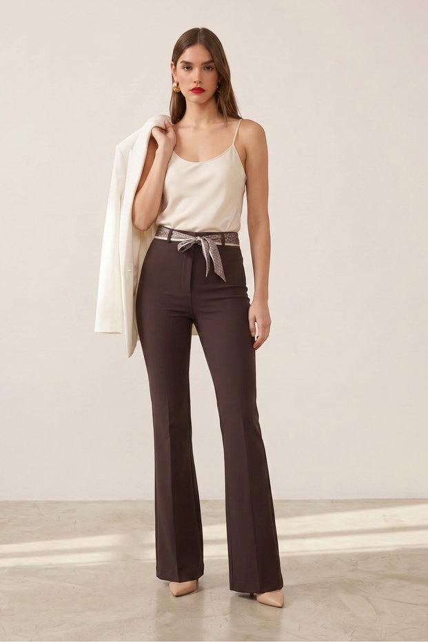 Stylish Women's High-Waisted Spanish Flare Pants with Scarf