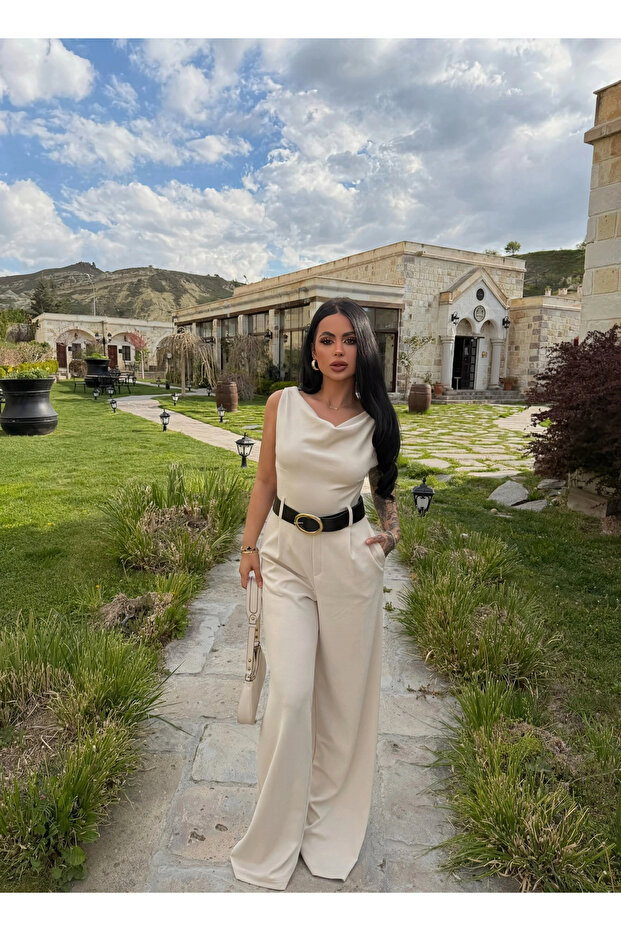 Beige Boat Neck Belted Jumpsuit