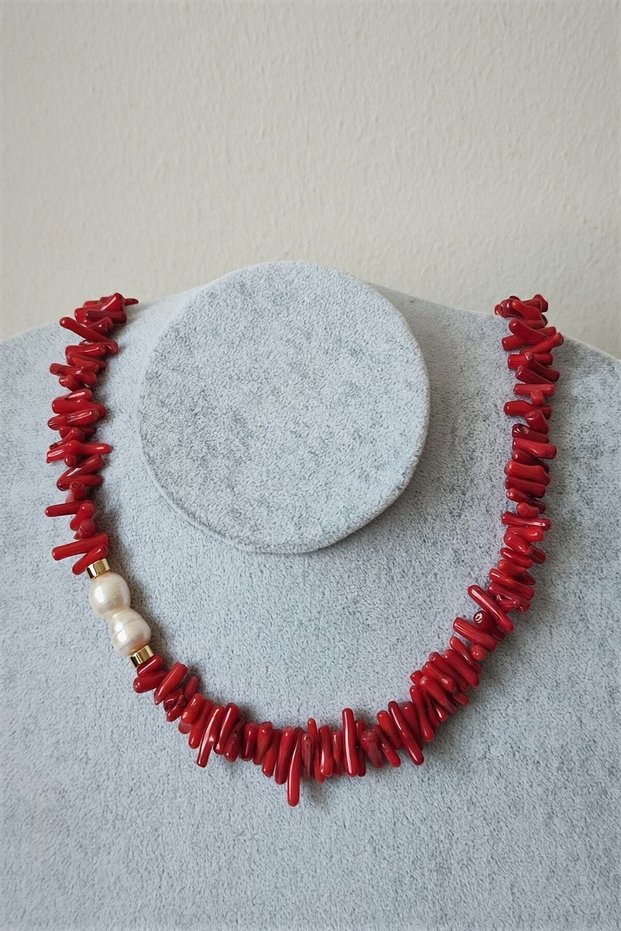 Certified Red Coral Real Pearl Natural Stone Necklace