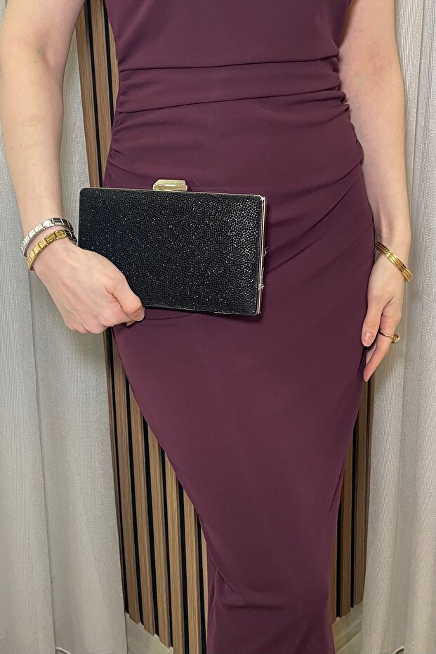 Women's Black Glittery Silver Accessories Evening Dress Bag - Chain Strap Hand and Shoulder Bag