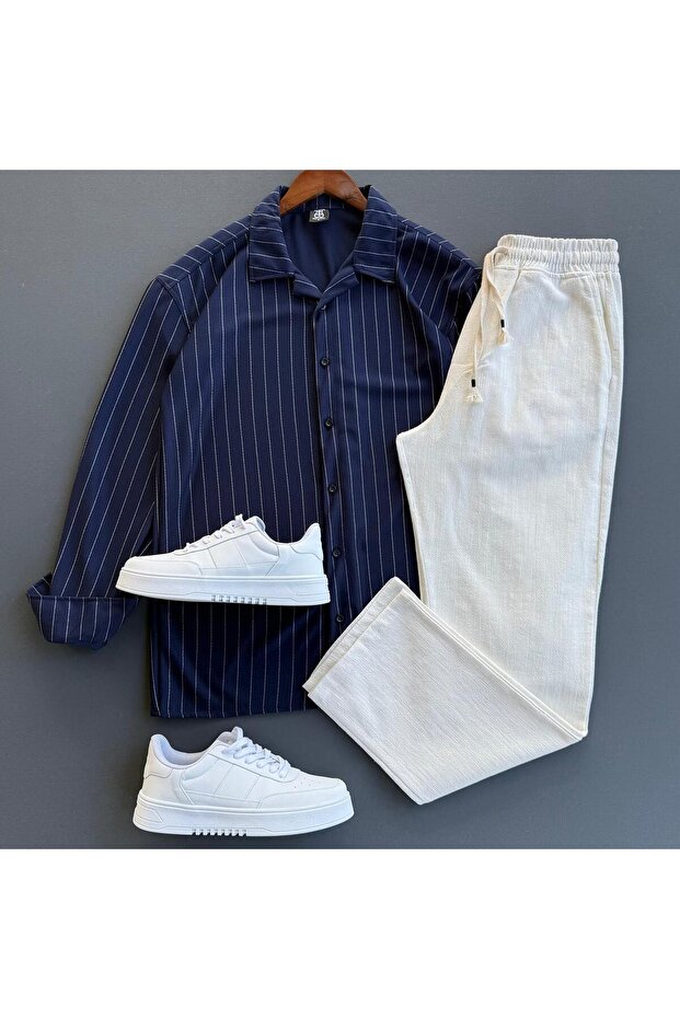 Striped Crepe Shirt + Raw Linen Trousers 2-Piece Combination