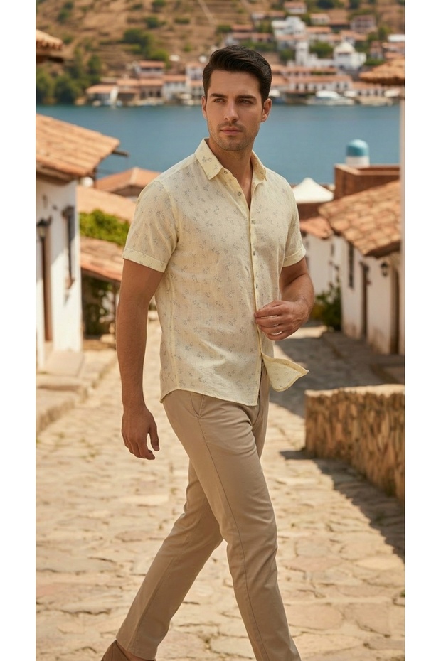 Short Sleeve Buttoned Patterned Men's Shirt Slim Fit