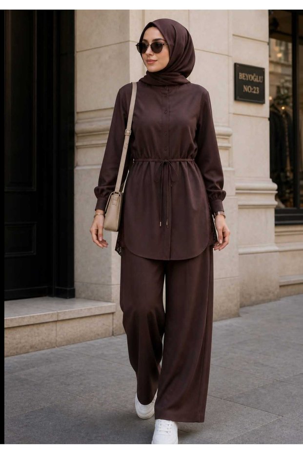 Women's Side Lace Detailed Lace-Up Waist Tunic Trousers Set Hijab