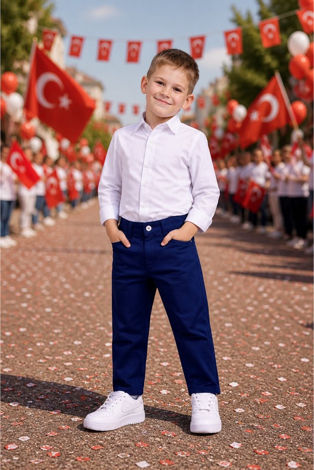 Boys' White Shirt Navy Blue Pants Set 5-13 Years Old School Activity Outfit