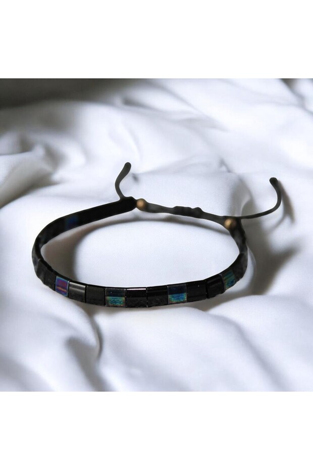 Black Miyuki Tila Bead Bracelet with Color Changing Detail, Unisex Adjustable Accessory