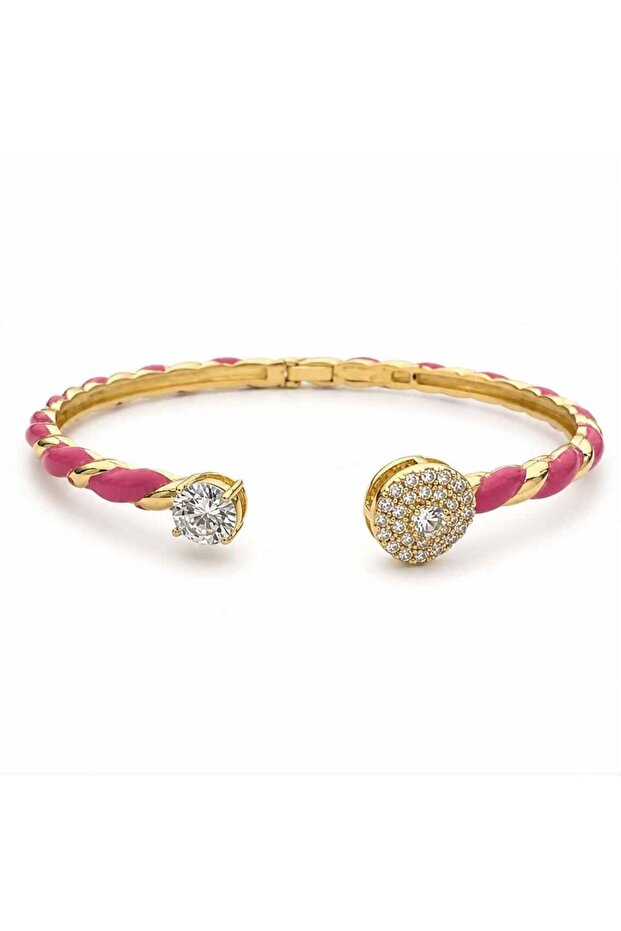 Colorful Enamel Stone Detailed Gold Handcuff Bracelet