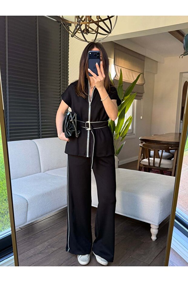 Keyymod Women's Double Buckle Short Sleeve Jacket with Elastic Pants Bottom Top Two-Piece Modal Set