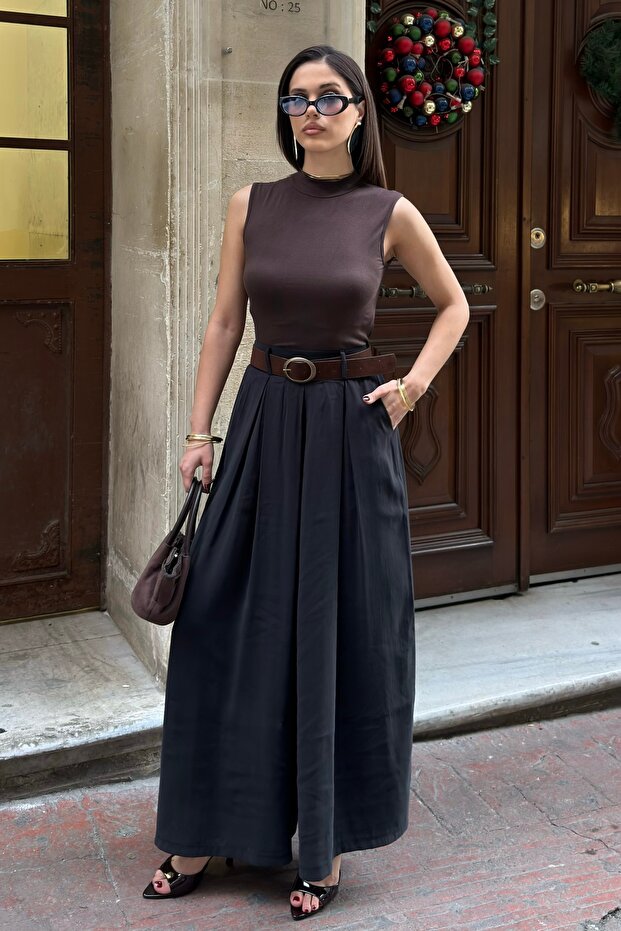 Women's Black Belted Pleated Wide-Leg Loose Pants
