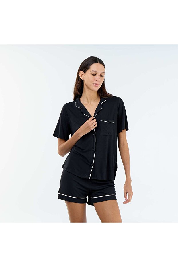 2-Piece Short Marled Viscose Pyjamas Black