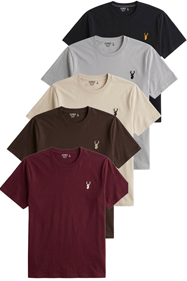 Men's 5-Pack T-Shirt 100% Cotton Single Jersey Comfortable Fit Basic T-Shirt Crew Neck Embroidered T-Shirt