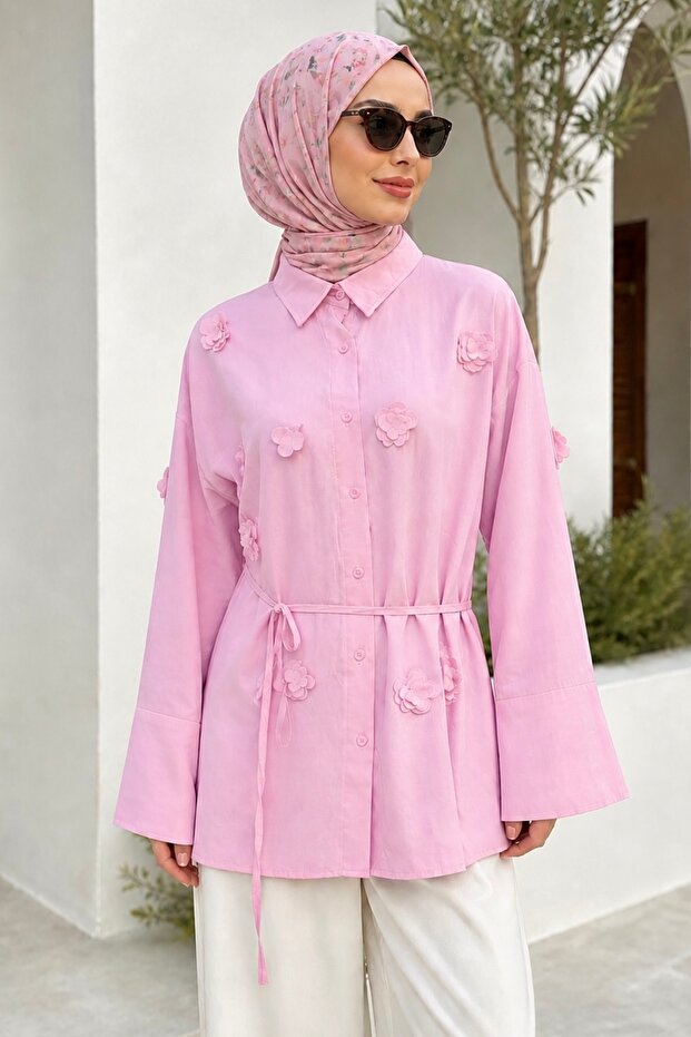Pink Laser Cut Floral Detailed Modal Woven Shirt