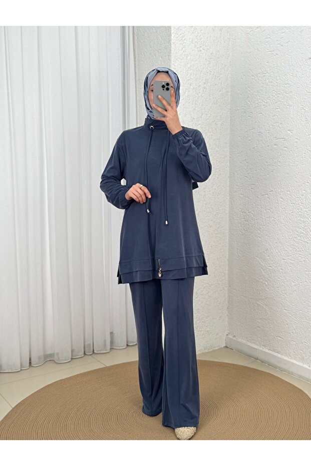 İlgün Zippered Trousers with Stripes Set-Ey1034 Navy Blue