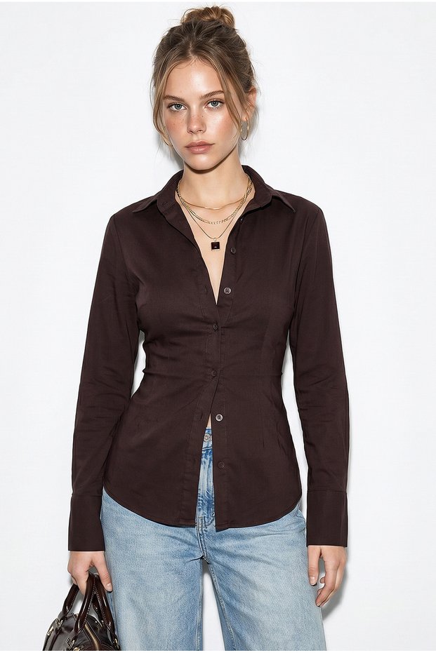 Women's Bitter Brown Tie-Dye Detailed Waist-Fitted Cotton Shirt Dg261012 60286239