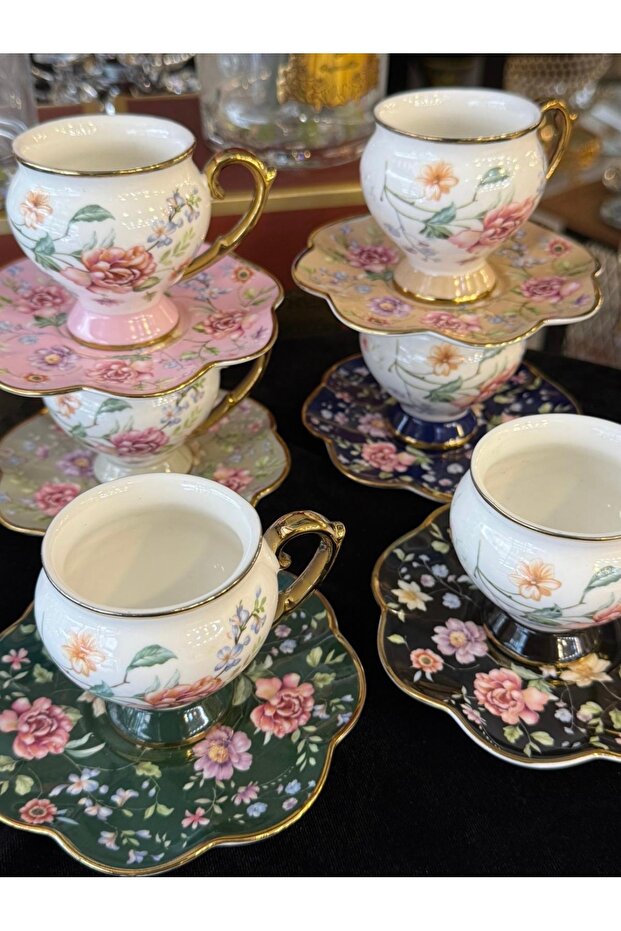 6-Piece Colorful Gilded Footed Coffee Cup Set 90 ml