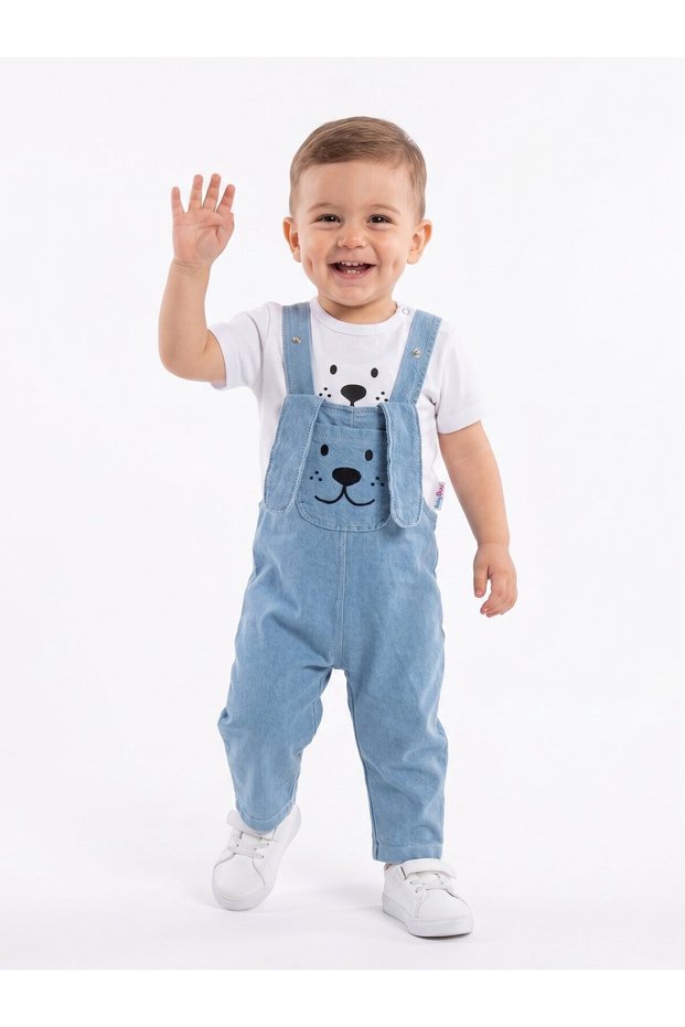 Cotton Ear Detailed Soft Denim 2-Piece Baby Boy Salopet Set