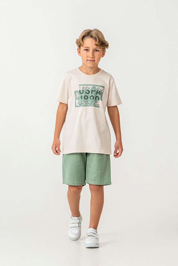Boy's Licensed Uspa Beige T-Shirt and Green Bermuda Set
