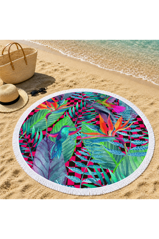 Purple and Green Tropical Leaf Patterned 150 cm Round Beach Towel