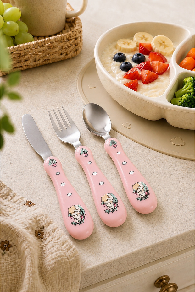 Stainless Steel Children's Food Spoon Set with Ergonomic Handle 3 Piece Fork Spoon Knife Set