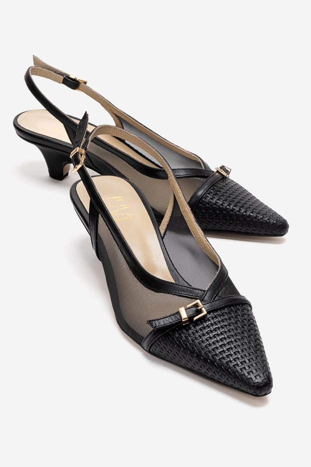 Laviera Black Mesh Buckle Genuine Leather Women's Low Heeled Shoes