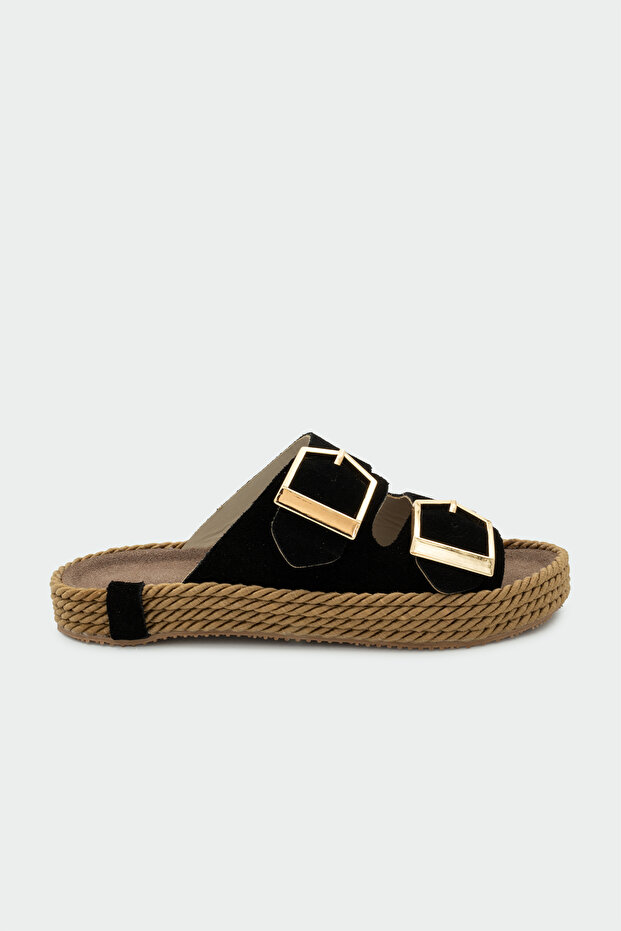Pupil Double Buckle Genuine Leather Women's Black Slippers