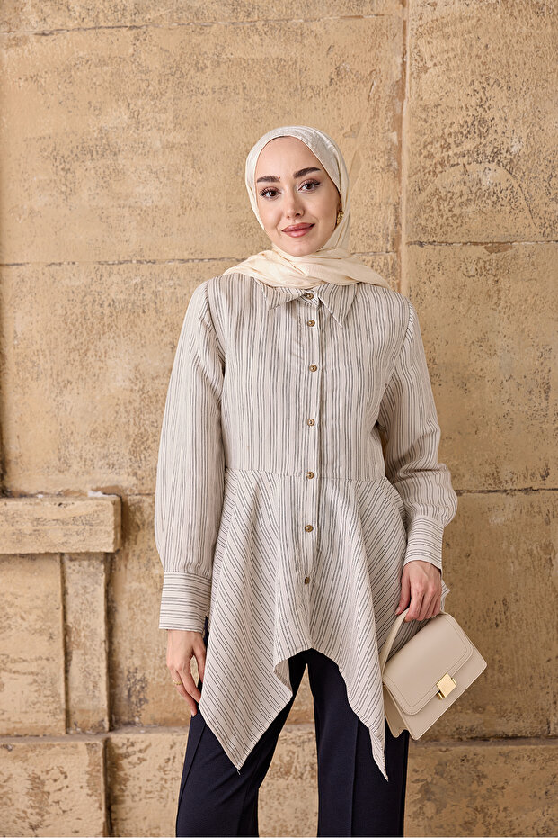 Women's Asymmetrical Cut Striped Shirt White