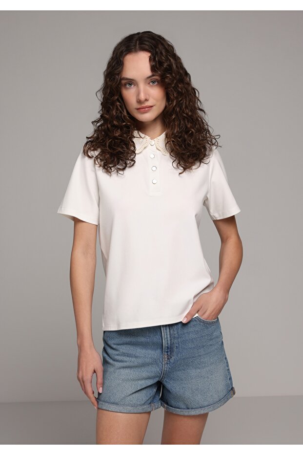 Regular Fit Polo Neck Plain Women's White Short Sleeve T-Shirt