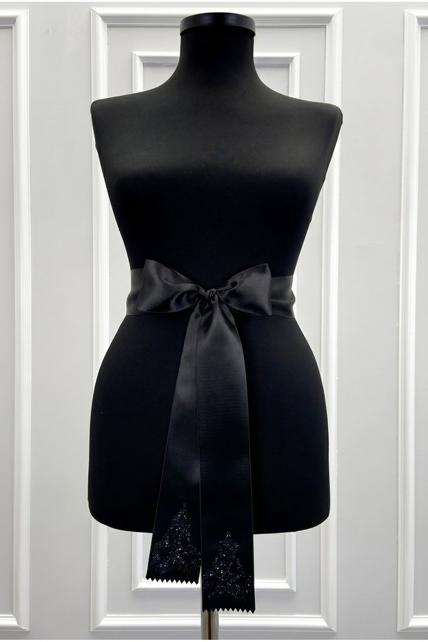 Black Bridal Sash, Crystal Glass Beads Embellished Bridal Ribbon, Bridal Waist Belt, Sister Sash