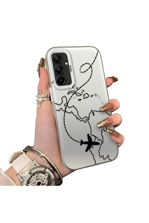 Samsung Galaxy A15 4G/5G Compatible Travel-Themed Map Airplane Printed Impact-Resistant Hard Case