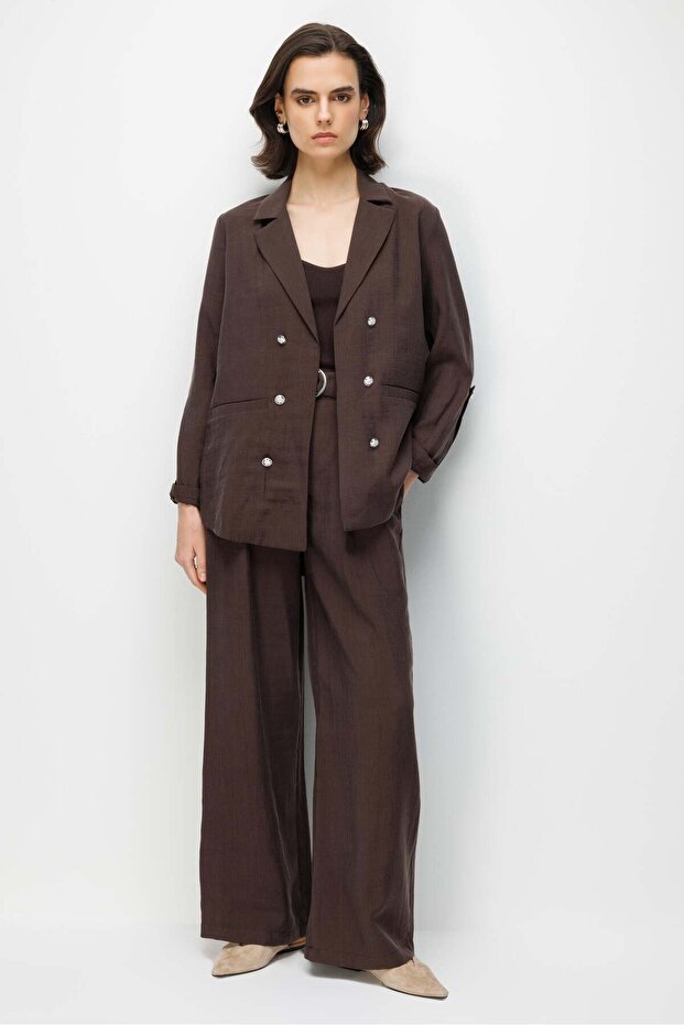 4833 Women's Blazer Jacket Palazzo Trousers Two-Piece Set Brown