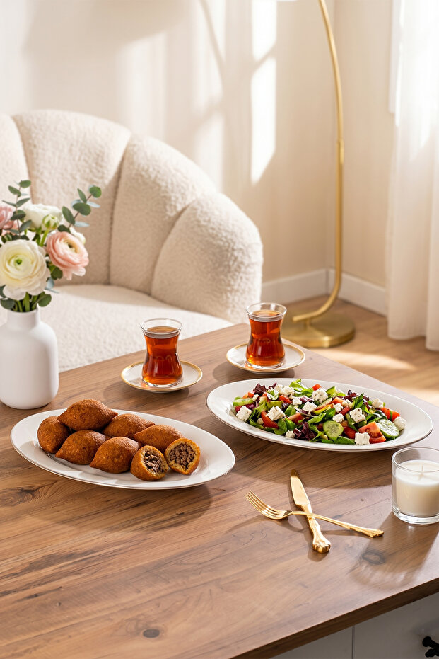 4441 Gardenya Set of 2 Porcelain Platinum Meshed Boat Plates - Oval Breakfast Serving Set 30cm