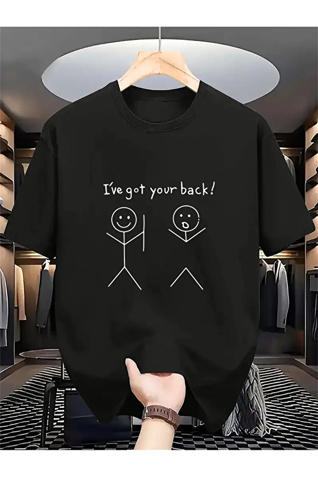 قميص رجالي مرح بطبعة "I've Got Your Back!" تي شيرت أسود برسومات خطية بسيطة