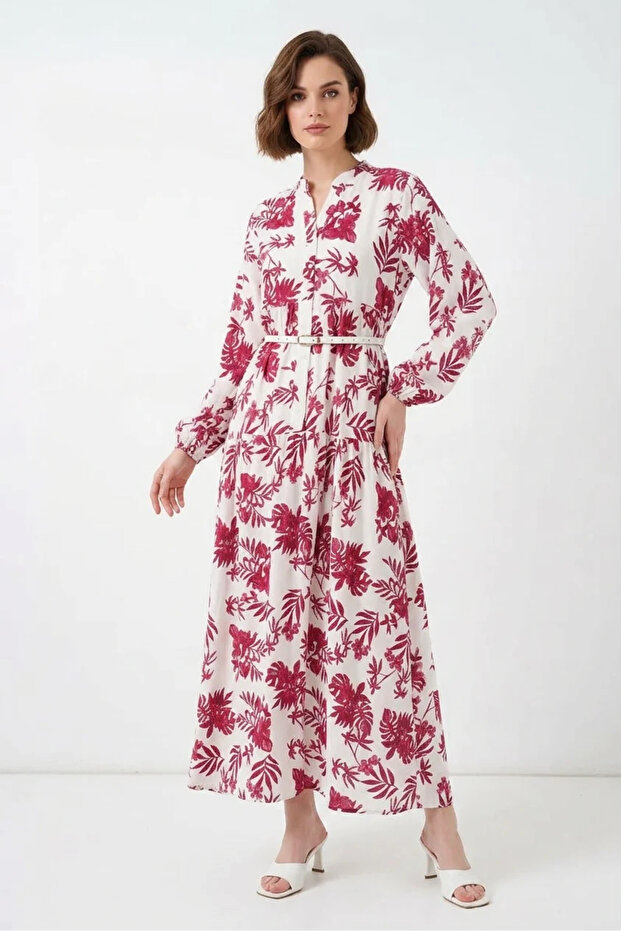 Women's Authentic Patterned Viscose V. Red Hijab Dress