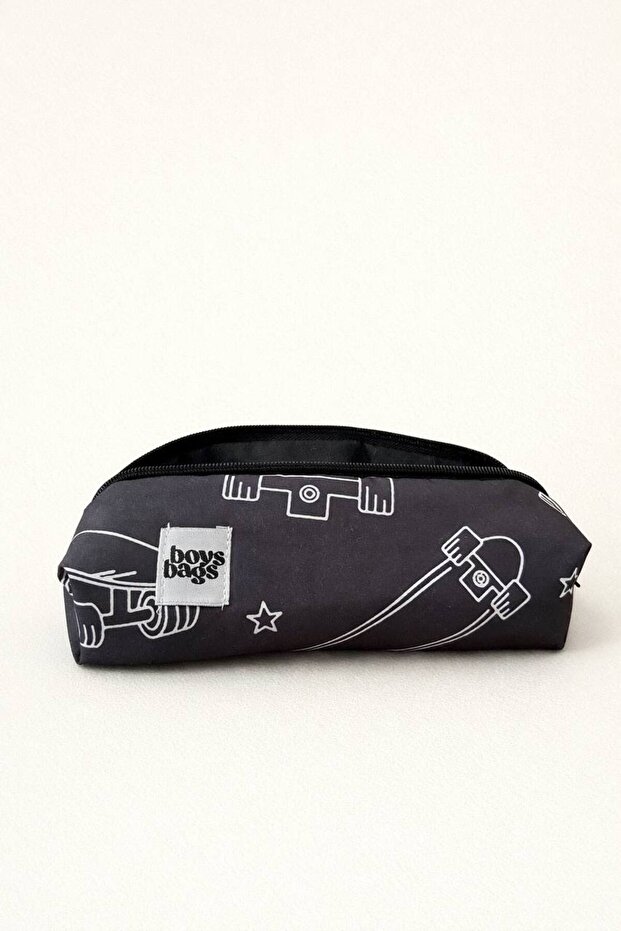 Black Skateboard Pattern Boys' Pencil Holder Single Compartment Washable Zippered School Student Pencil Case