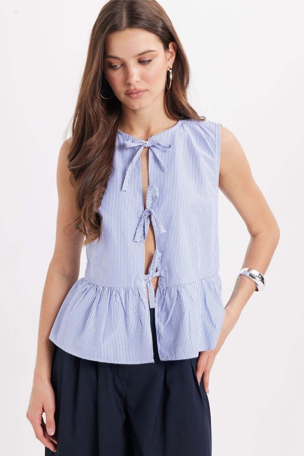 Women's Slim Fit Slim-Fit Front Tie Cotton Striped Blue Blouse Shirt
