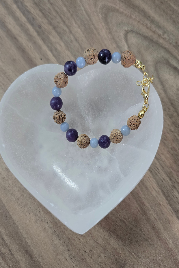 Certified 8 mm Rudrashka, Lepidolite, 6 mm Anhelite Natural Stone Bracelet
