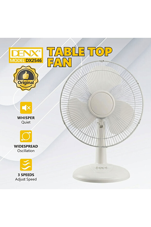 مروحة طاولة DENX DX2546 بيضاء اللون مع 3 سرعات تحكم، هادئة للغاية مع تذبذب واسع النطاق