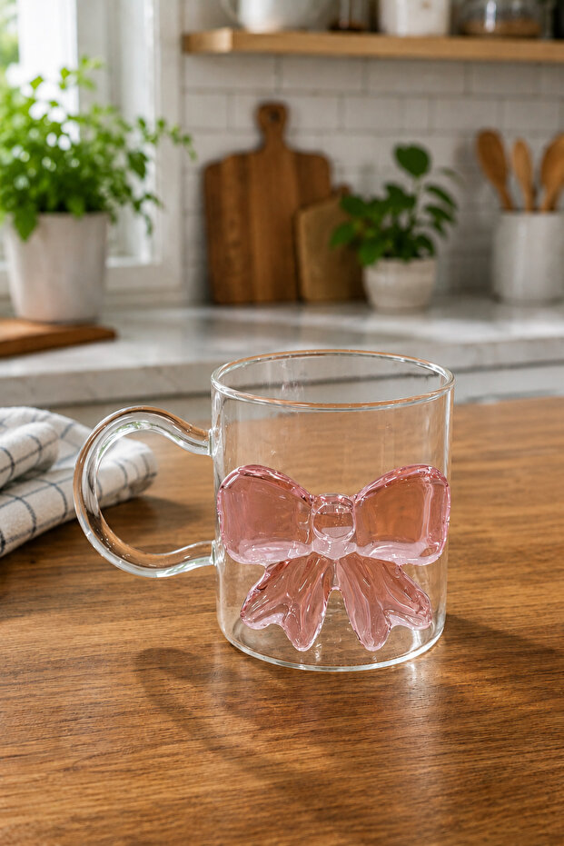 Heat Resistant Bowknot Borosilicate Glass Mug with Ribbon Transparent Coffee Tea and Presentation Cup 350 ml